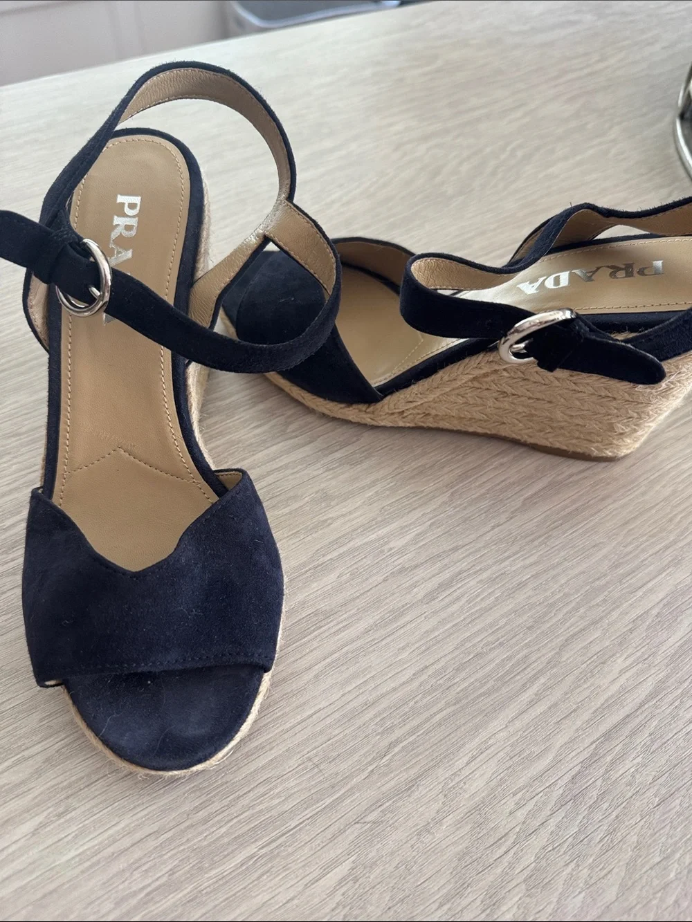 Prada Navy Suede Espadrille Wedge Sandals with Ankle Strap